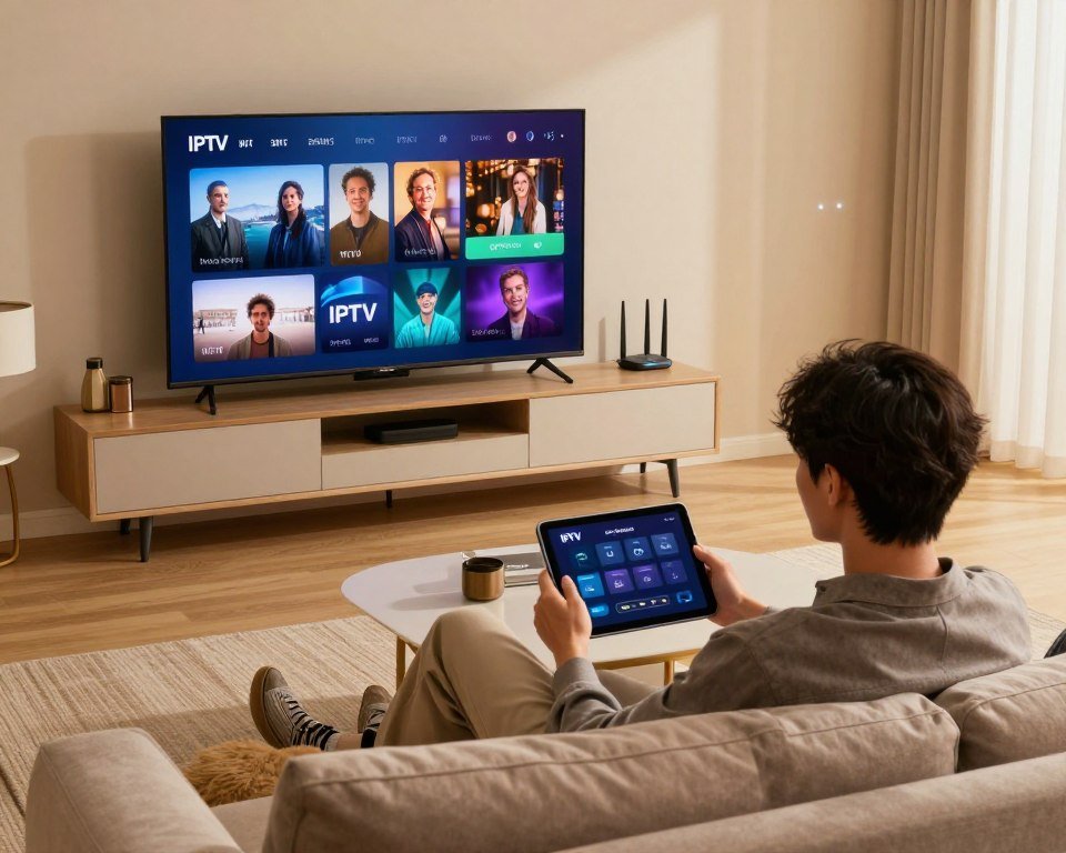 A well-lit living room scene showcasing a high-definition television displaying vibrant colors and sharp images, emphasizing excellent picture quality. In the foreground, a professional-looking person wearing smart casual attire is seated comfortably on a stylish sofa, using a tablet to optimize their IPTV settings. The middle ground features modern furniture and decorative elements that reflect a cozy and technologically advanced atmosphere. The background shows a well-structured Wi-Fi router with glowing indicators, signifying strong internet connectivity. Soft, warm lighting enhances the ambiance, and a wide-angle view captures the entire setup, conveying a mood of relaxation and reliability in home entertainment.