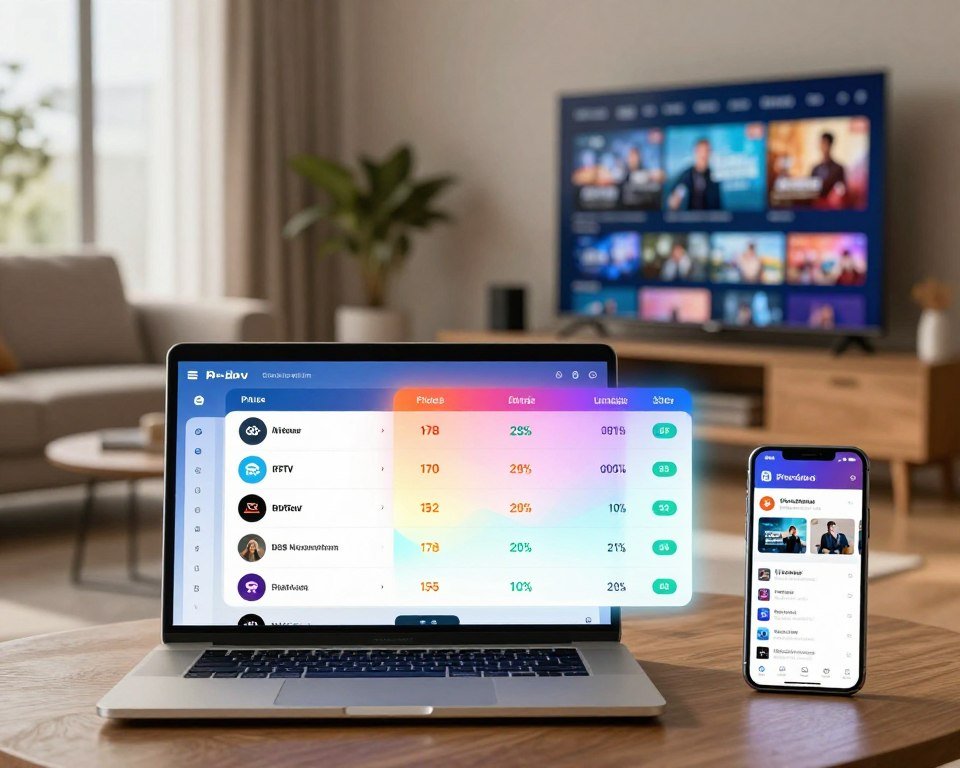 A well-organized comparison table illustrating various IPTV subscription offers, creatively laid out in a sleek, modern design. In the foreground, a stylish laptop and a smartphone displaying the subscription options side by side, representing accessibility. In the middle background, a glowing chart comparing features such as price, channels, and video quality, subtly highlighted with vibrant colors. The background features a cozy living room with a large flat-screen TV displaying dynamic visuals of IPTV content, creating a warm and inviting atmosphere. Soft, natural lighting filters through large windows, casting gentle shadows. The overall mood is informative yet engaging, emphasizing clarity and professionalism, perfect for illustrating a technology-focused topic. Ensure no text, logos, or watermarks are included.