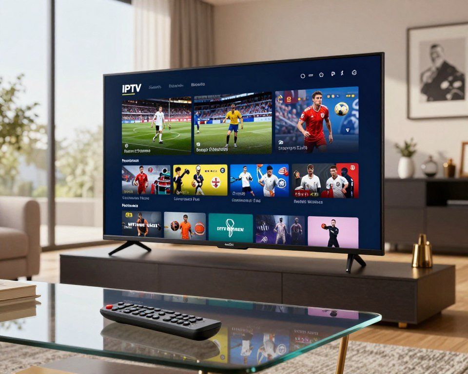 An advanced IPTV sports streaming interface displayed on a sleek, modern television in a stylish living room setting. In the foreground, a remote control rests on a glass coffee table, highlighting access to various sports channels. The middle layer features a vibrant screen with an interactive menu showcasing live sports events, player statistics, and advanced features like multi-view and personalized playlists. In the background, large windows allow natural light to pour in, casting a warm glow throughout the room, with soft-focus sports memorabilia and elegant decor. The atmosphere is dynamic and engaging, conveying excitement and innovation in sports streaming technology. The lighting is bright and inviting, emphasizing the sleekness of the interface, aimed at tech-savvy sports fans.
