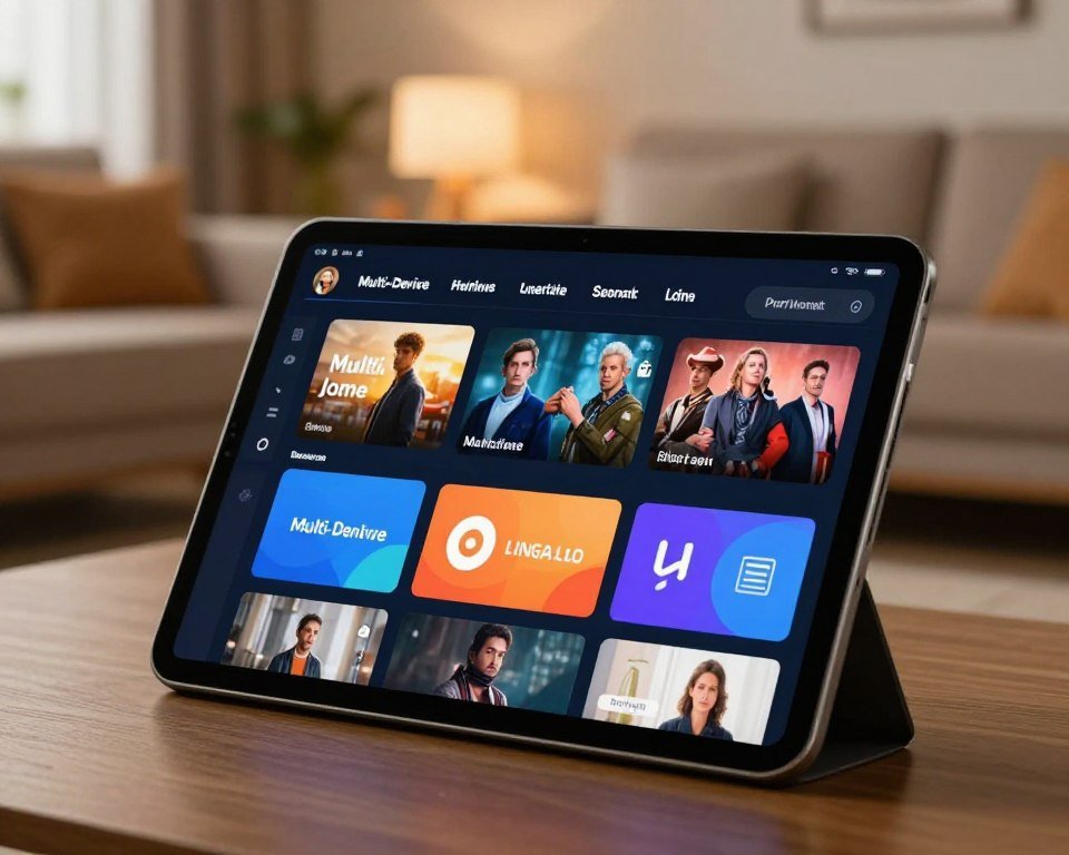 An advanced streaming application interface displayed on a sleek, modern tablet, highlighting features such as multi-device accessibility, user-friendly navigation, and high-definition content options. In the foreground, a close-up of the tablet shows vibrant, colorful icons representing various streaming services, set against a softly blurred background of a cozy living room with ambient lighting. The scene captures a warm atmosphere, suggesting comfort and innovation, while subtle reflections on the tablet's screen add depth. The lighting is bright and inviting, emphasizing the advanced technology. The overall composition conveys professionalism and a focus on user experience in streaming applications.