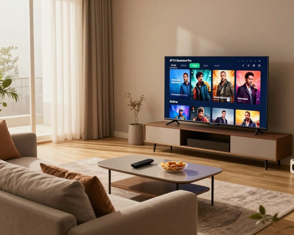 An attractive living room setting showcasing the benefits of IPTV Smarters Pro. In the foreground, a stylish TV displaying a vibrant menu interface filled with various movie and channel options. A comfortable sofa adorned with cushions is positioned to face the TV. On the middle area, a sleek coffee table holds a remote control and snacks, suggesting a cozy viewing experience. The background features a modern window with sheer curtains allowing gentle sunlight to filter in, creating a warm and inviting atmosphere. The lighting is soft and welcoming, enhancing the overall comfort of the room. The scene conveys a sense of relaxation and enjoyment that comes from using IPTV services, inviting viewers to imagine themselves engaging with this content.