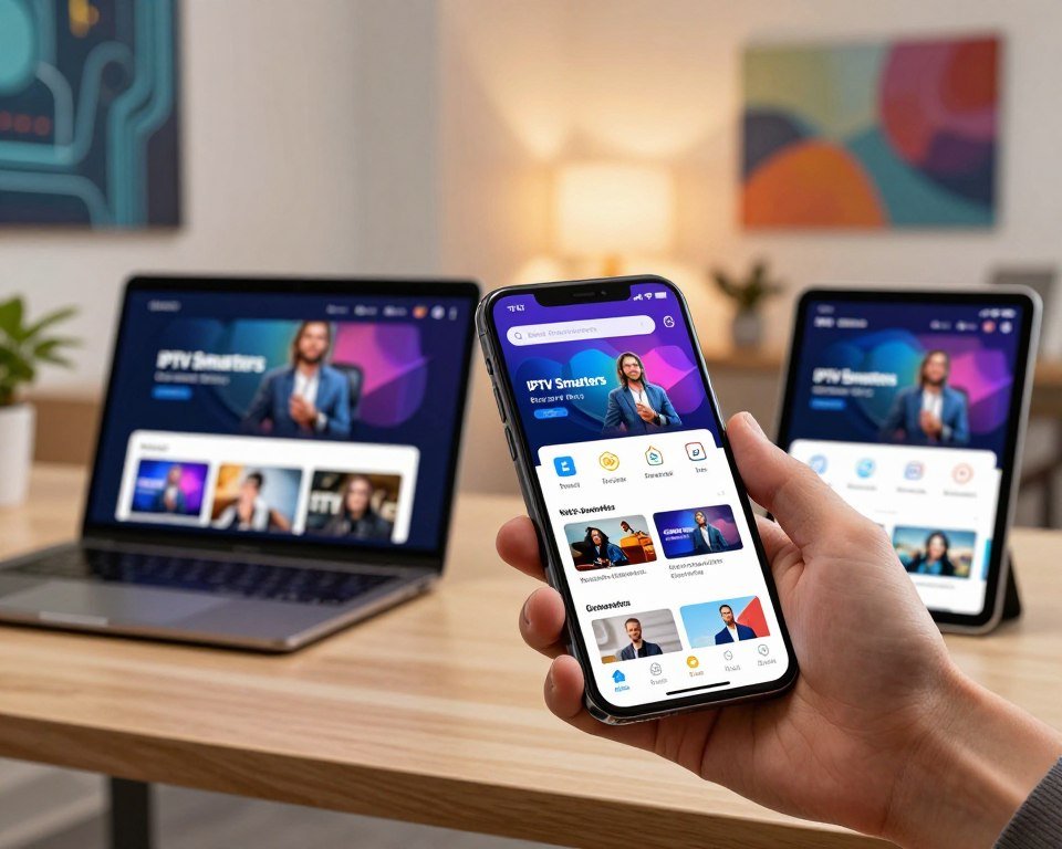 An elegant layout showcasing the features of the IPTV Smarters Pro application. In the foreground, display a sleek, modern smartphone held in a professional business environment, showing the app interface with vivid graphics representing live TV streaming, an intuitive user menu, and an array of channels. In the middle, include subtle elements like a stylish laptop and a digital tablet, both with the IPTV Smarters Pro app visible on their screens. The background features a softly lit, contemporary office space with abstract tech-themed artwork on the walls, creating a vibrant yet professional atmosphere. Use warm lighting to enhance the mood, with a focus on clarity and detail in the app display. The angle should be slightly elevated to capture the app’s functionality effectively.