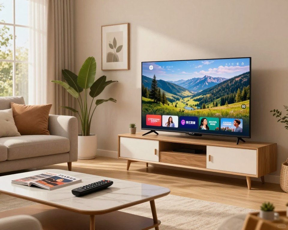 An elegant living room with a modern television displaying a crystal-clear image of a scenic landscape. In the foreground, a chic coffee table with a remote control and a few streaming service magazines. In the middle, a cozy sofa with plush cushions inviting viewers to relax and enjoy the service. Soft, warm lighting creates a calming atmosphere, while a large window shows a sunny day outside, enhancing the feeling of tranquility. The background features tasteful decor, such as potted plants and framed artwork. The scene conveys a sense of comfort and reliability in image quality and service stability, perfect for a modern IPTV user experience.