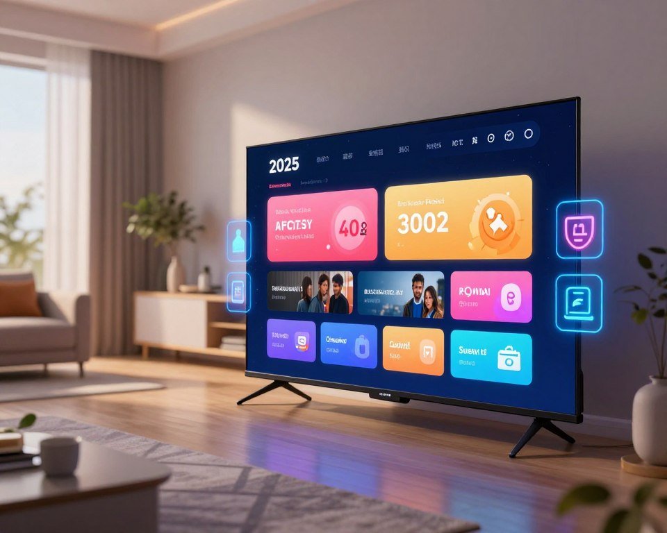 Futuristic IPTV interface displaying new features for 2025, with vibrant colors and sleek design elements. In the foreground, a high-tech screen showcases promotional offers like subscription packages and live streaming options, surrounded by glowing icons representing interactivity and connectivity. The middle ground features a modern living room setup, with a stylish TV and comfortable furniture, embodying a cozy atmosphere. In the background, soft lighting highlights a serene ambiance, creating a sense of innovation and excitement about IPTV technology. The angle should be a dynamic view that captures both the screen and the living environment, suggesting a harmonious blend of technology and lifestyle. The overall mood is futuristic and inviting, perfect for illustrating cutting-edge IPTV advancements.